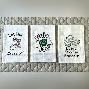 Large Kitchen Hand Dish Tea Towel Veggie Sayings 100% Cotton Vegan Gift Set of 3